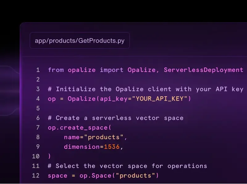 Code snippet for creating a serverless vector space.