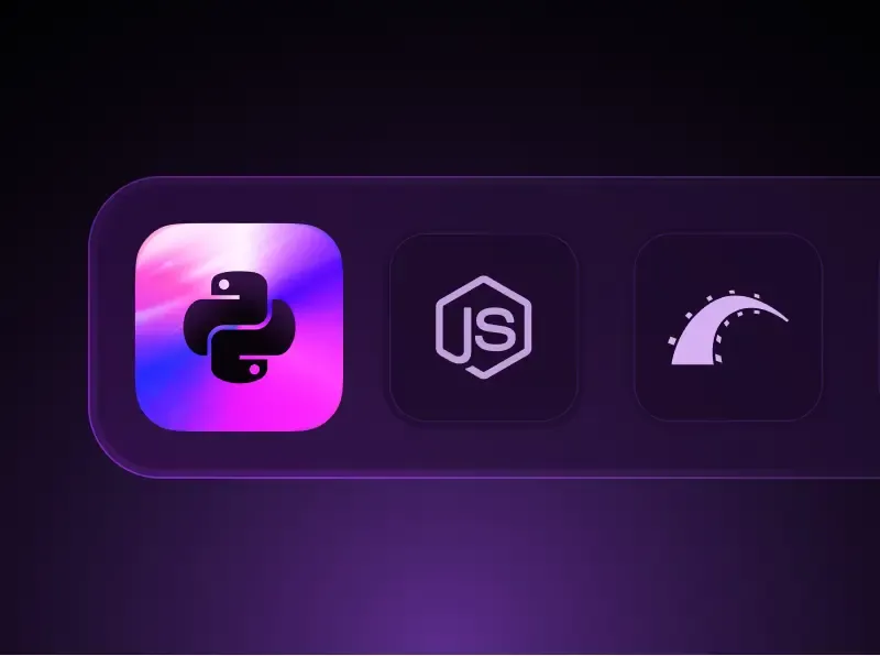Logos of Python, JavaScript, and a Ruby On Rails icon.